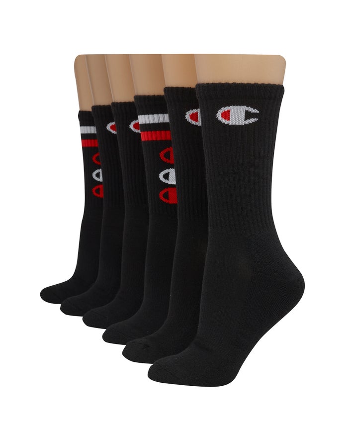 Champion Womens Socks NZ - Crew C Logo 6-Pairs Black ( 4259-QMWDC )